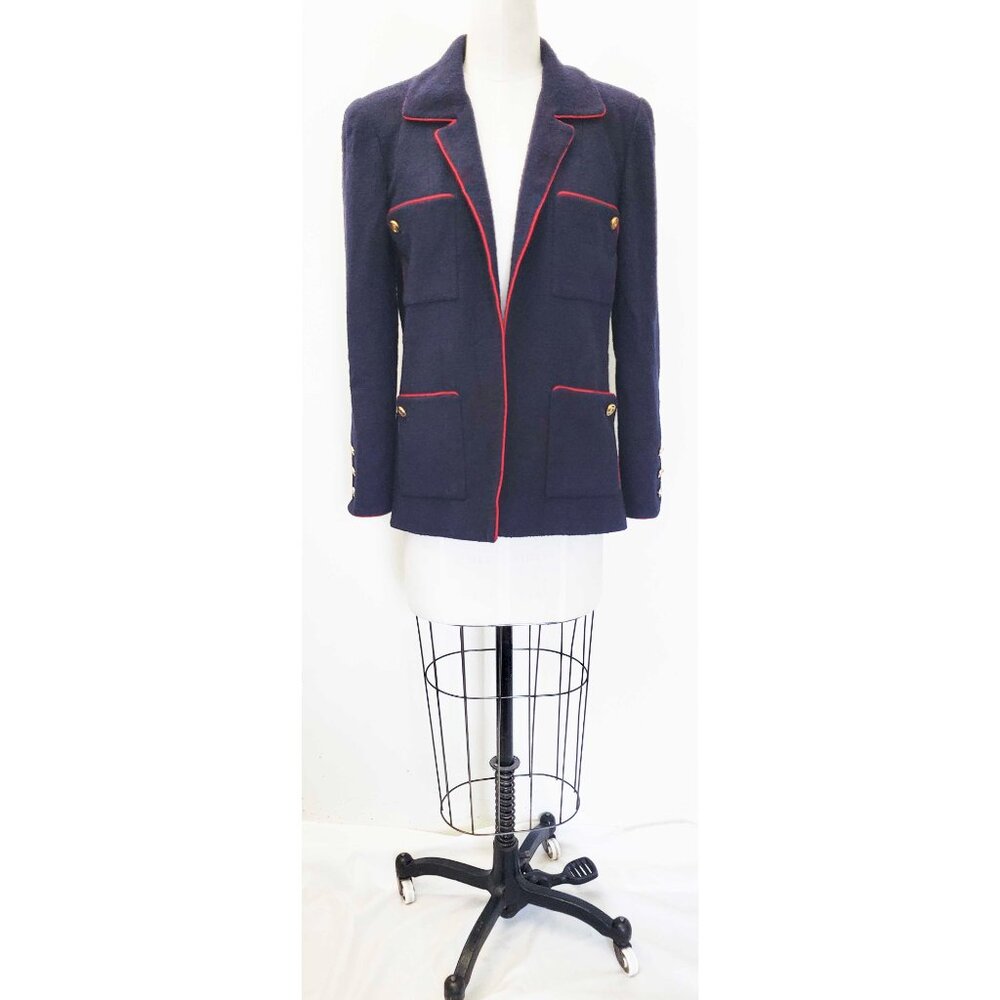 CHANEL Boutique Womens Vintage Navy Wool Boucle Blazer Logo CC Buttons Red Trim - Picture 2 of 15